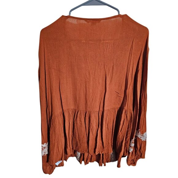 American Eagle Women’s Large Rust Embroidered Peasant Blouse Boho Top Cottage - Picture 3 of 7